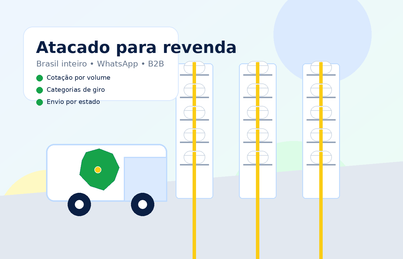 Centro de atacado para revenda no Brasil com caminhão, caixas e mapa do Brasil